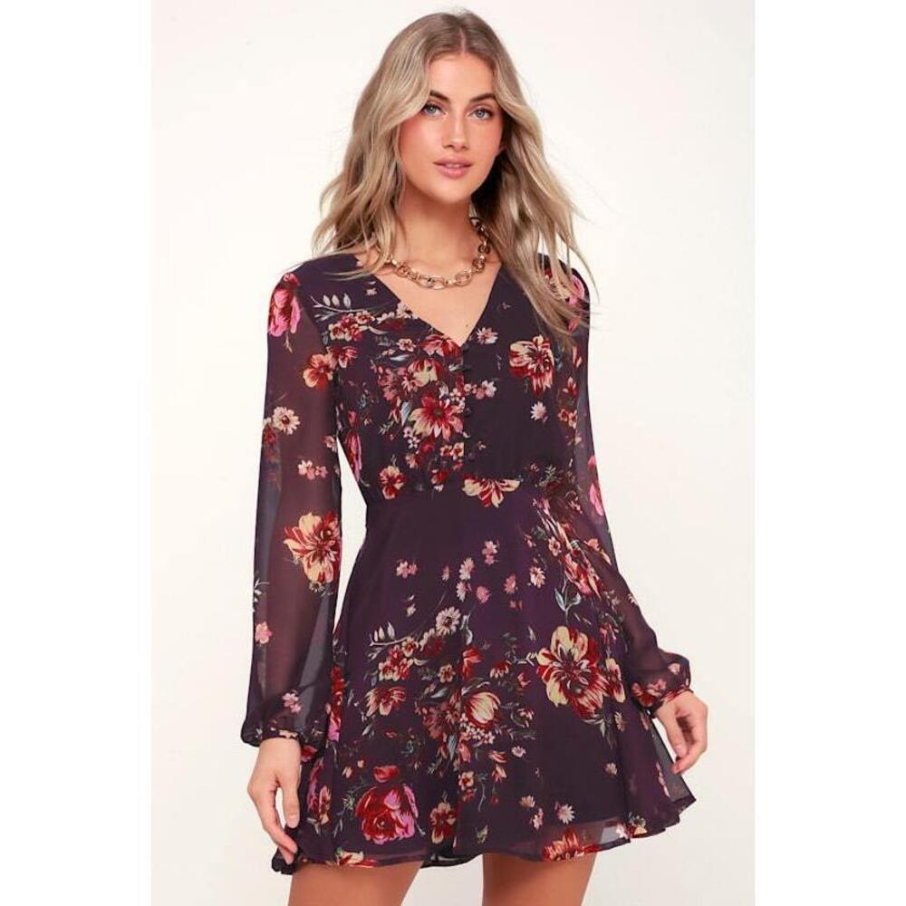 Lulus Always Yours Plum Purple Floral Print Long Sleeve Skater Dress - Size XS